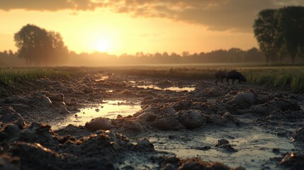 Obraz premium Sunset Over Marshy Landscape with Water and Scenic Nature View