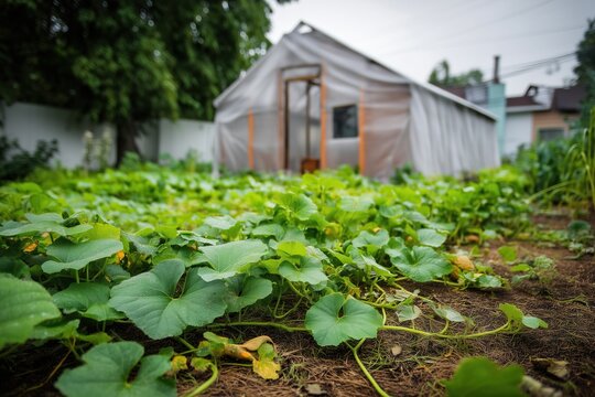 The pumpkin vines spread across the garden fabric, suppressing the growth of weeds, while a greenhouse stands in the background.