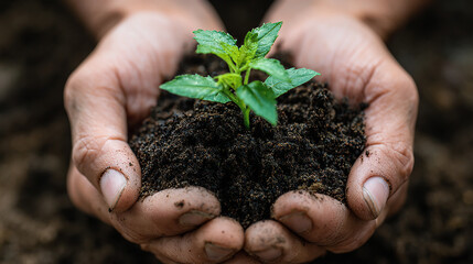 Hands holding small plant with rich soil