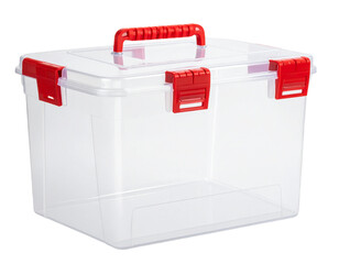 Transparent Storage Container with Red Latches and Silver Hardware, Isolated on Transparent Background PNG (2)