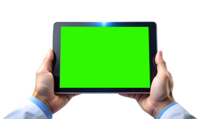  Hands holding a black tablet horizontally with a vibrant green screen, isolated on white background.