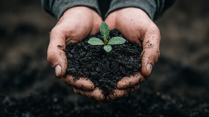 Hands holding small plant with rich soil