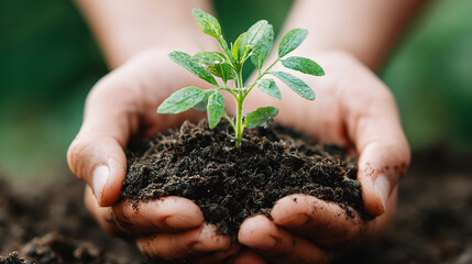 Hands holding small plant with rich soil
