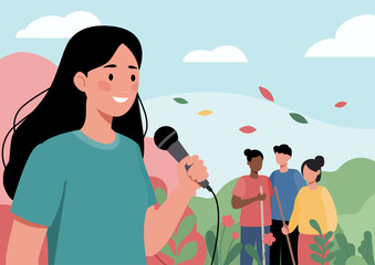 Smiling young woman holds a microphone, speaking to a diverse volunteer group. Community service, social activism, and environmental cleanup concept for nature.
