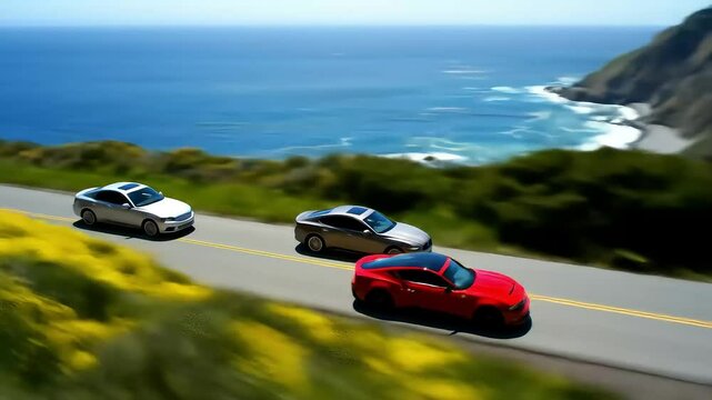 A convoy of sports cars drives along a scenic coastal road winding beside steep cliffs overlooking the blue ocean
