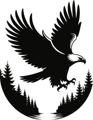 Eagle soaring over pine forest bird flying