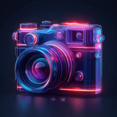 Retro camera in neon cyberpunk colors with glowing lens, vintage photography gadget in futuristic digital style