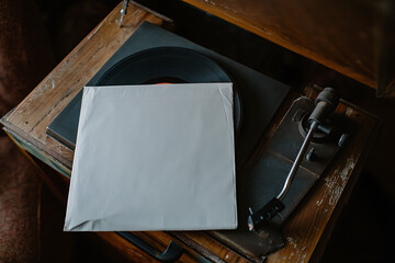 Vintage Vinyl Record and Sleeve on Classic Record Player Audio Music