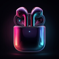 Wireless earphones in neon holographic style inside charging case, futuristic music gadget on black background