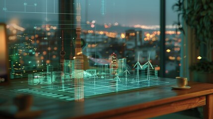 clean energy future, solar panel hologram, wind turbine data overlay 