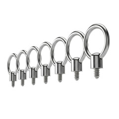 A row of silver eye bolts in varying sizes on black