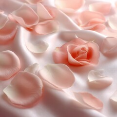 Soft pink rose and delicate rose petals scattered on smooth, silky fabric, creating a romantic and elegant atmosphere.