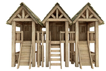 Three connected wooden playhouses with multiple levels and stairs