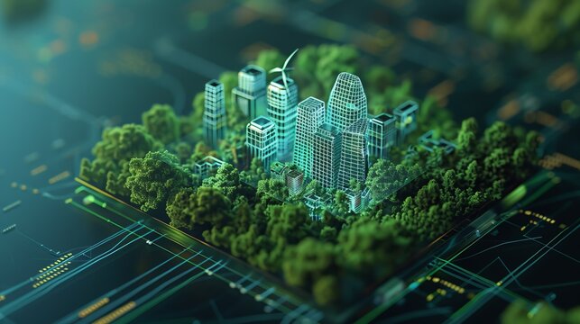 clean energy future, solar panel hologram, wind turbine data overlay - Powered by Adobe