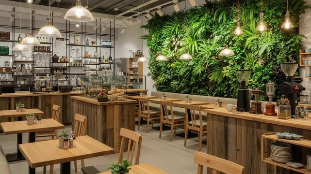 Sustainable cafe interior featuring natural wood accents and lush green decor for a cozy dining experience