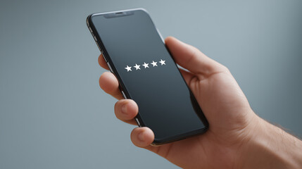 A hand holds a smartphone displaying five white stars, representing a top rating, excellent review, or premium service experience, with a subtle gray background.
