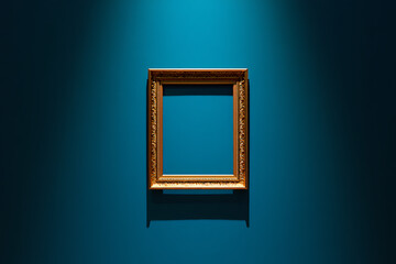 Empty Gold Frame on Blue Wall Art Picture Template Mockup