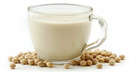 Soy milk with soybeans isolated on white background.