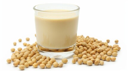 Soy milk with soybeans isolated on white background.