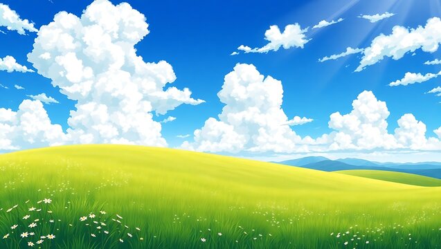 Vibrant green rolling hills under a bright blue sky with fluffy white clouds