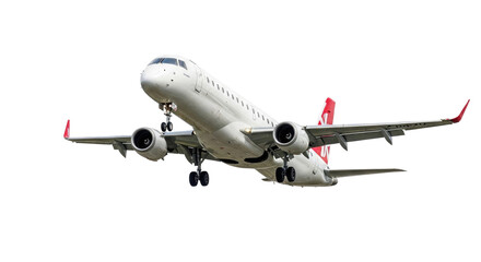 White airplane with red accents taking off isolated on a transparent background