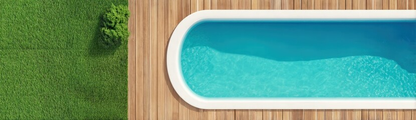 A modern oval swimming pool with clear blue water, surrounded by wooden decking, adjacent to a lush green lawn with a small shrub.