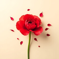 Top-down view of a single vibrant red carnation with scattered petals on a soft beige surface, minimal shadows