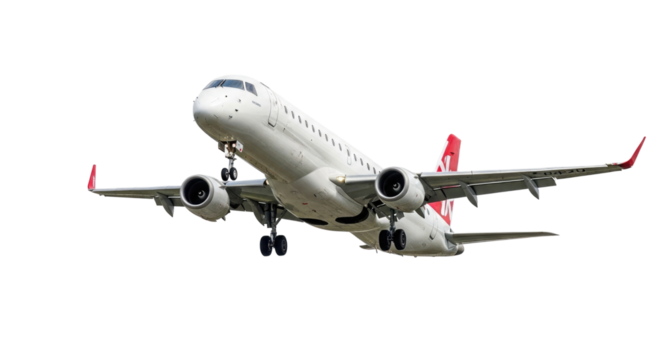 White airplane with red accents taking off isolated on a transparent background