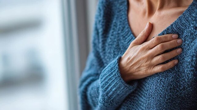 Chest pain or discomfort in a mature woman, with hand placed over heart area, symptom of potential cardiac issue, seeking medical advice, heart problem.