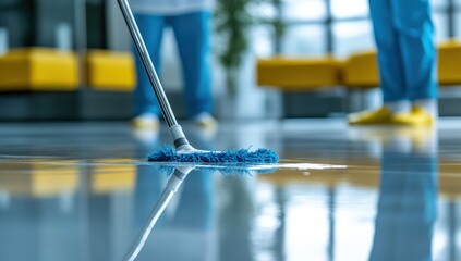 A close-up of a mop cleaning a shiny floor with two people in the background wearing blue uniforms and yellow shoes.