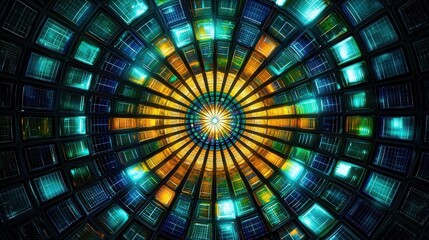 Solar panel pattern kaleidoscopic grid patterns radial burst composition jewel-toned color palette reflected perspective symmetrical mandala sapphire emerald