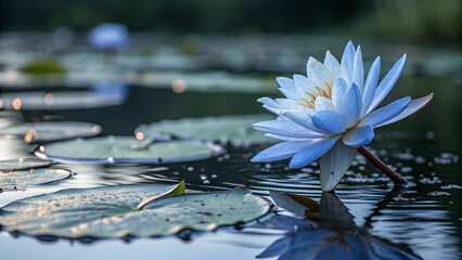 Delicate blue water lily floats on dark water blue flower