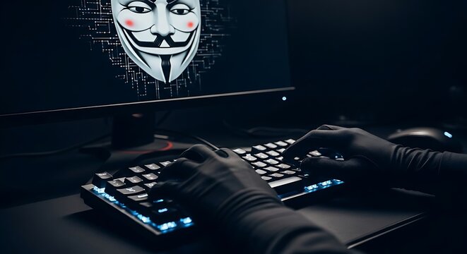 Anonymous Hacker Using Computer in Dark Room Cybersecurity Threat. AI Generated
