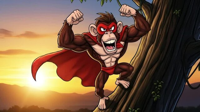 A strong cartoon superhero monkey flexing its muscles on a tree.
