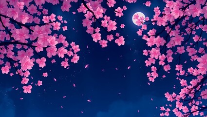 Beautiful pink cherry blossoms bloom under a full moon on a dark night