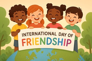 Diverse Group of Happy Children from Around the World Celebrating International Day of Friendship, Holding a Banner Above a Globe, Symbolizing Global Unity and Connection.