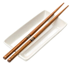 Wooden Chopsticks Resting on a Rectangular Dish isolated on transparent baackground