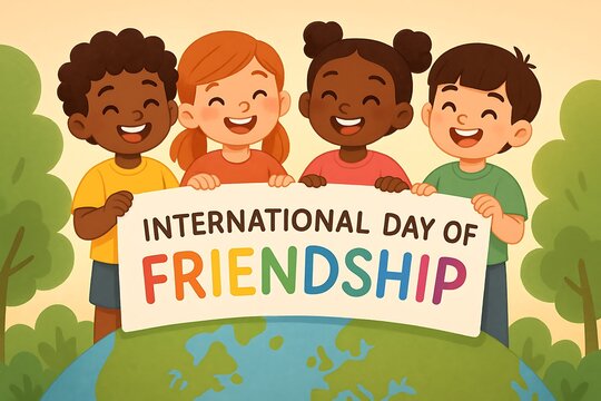 Diverse Group of Happy Children from Around the World Celebrating International Day of Friendship, Holding a Banner Above a Globe, Symbolizing Global Unity and Connection.