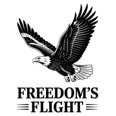 Obraz premium Black and white vector illustration of a majestic bald eagle soaring with wings fully extended and focused eyes