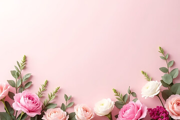 Beautiful arrangement of fresh pink and white carnations surrounded by soft foliage on a pastel background 