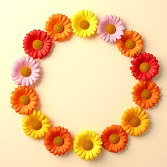 Close-up top view of scattered colorful daisy petals arranged in circular harmony on a plain soft beige background 