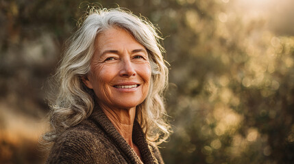 Smiling elderly woman with grey hair standing confidently outdoors with natural sunlight and soft focus background