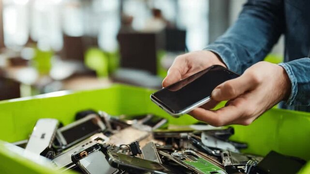 Smartphone Recycling Process: The hands carefully sort through a bin filled with discarded smartphones, highlighting the eco-friendly importance of recycling technology and waste reduction.
