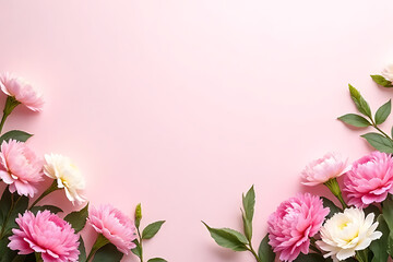 Beautiful arrangement of fresh pink and white carnations surrounded by soft foliage on a pastel background 