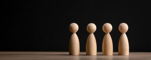 Four wooden peg dolls standing in a row on a wooden surface against a dark background.