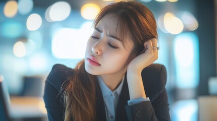 Overworked young Asian businesswoman office worker suffering from neck pain after had a long day at her office desk. office syndrome concept