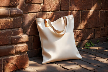 White Canvas Tote Bag Mockup Leaning Against a Brick Wall in Urban Setting