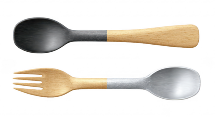 Two baby spoons, one fork,  wood/plastic