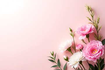 Beautiful arrangement of fresh pink and white carnations surrounded by soft foliage on a pastel background 