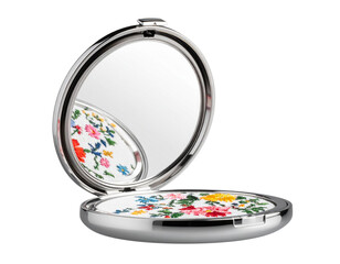 Vintage Silver Compact with Decorative Floral Needlework Interior, Transparent PNG